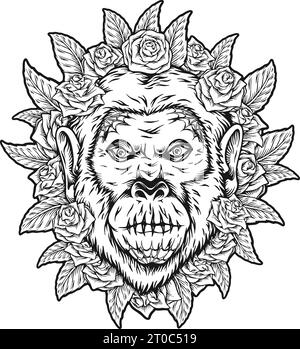 Sugar skull floral ornaments monkey muertos monochrome vector illustrations for your work logo, merchandise t-shirt, stickers and label designs, poste Stock Vector