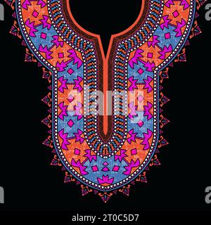 Colorful abstract symmetrical neckline pattern design for African dashiki shirt with savage tribe patterns Stock Vector