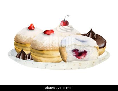 Watercolor delicious donuts with sugar powder, jam and chocolate on white plate. Hanukkah illustration Stock Photo