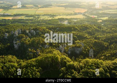 Panoramic aerial view of a sandstone rock city near Hruba Skala in Bohemian Paradise, Czech Republic. Stock Photo