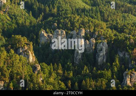 Panoramic aerial view of a sandstone rock city near Hruba Skala in Bohemian Paradise, Czech Republic. Stock Photo