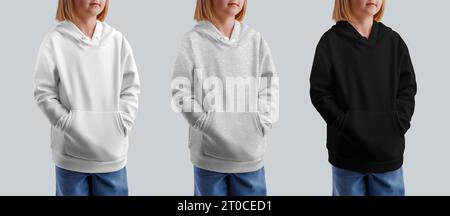 Mockup of white, heather, black hoodie with pocket on girl, fashionable children's shirt, front view, isolated on background. Set of kid's sweatshirt Stock Photo
