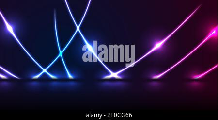 Blue and purple neon laser curved lines. Abstract rays technology retro background. Futuristic glowing graphic design. Modern vector illustration Stock Vector