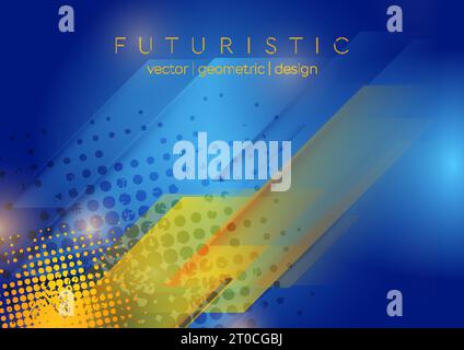 Hi-tech blue and yellow geometric abstract background with grunge halftones. Vector design Stock Vector