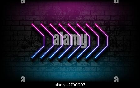 Blue purple neon laser arrows on grunge brick wall. Abstract technology retro background. Futuristic glowing vector design Stock Vector