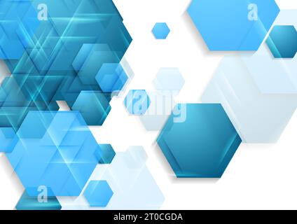 Bright blue glossy hexagons abstract geometric background. Technology vector design Stock Vector