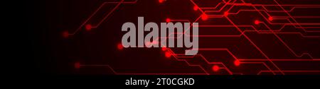 Abstract neon red tech circuit board lines sci-fi banner design. Futuristic computer chip background. Vector glowing illustration Stock Vector