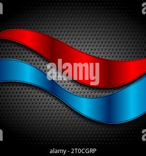 Abstract glossy waves on dark perforated metallic texture. Vector geometric background Stock Vector