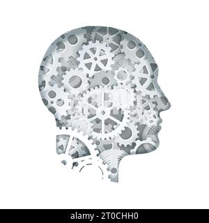 Human head with cogwheel gear clock mechanism, vector illustration in paper art modern craft style. Thinking, making decision concept, steampunk style Stock Vector