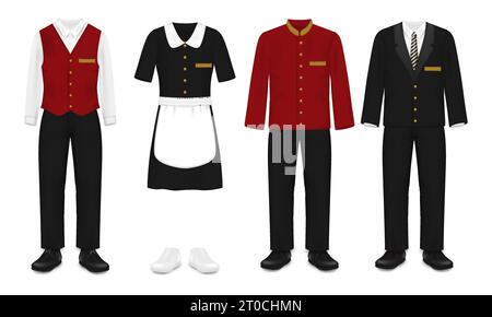Hotel staff uniform set, vector illustration isolated on white background. Doorman bellman concierge professional working clothes, maid or housekeeper Stock Vector