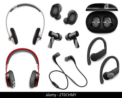 Realistic wireless headphones, vector illustration isolated on white background. Earphones, music accessories. Stock Vector