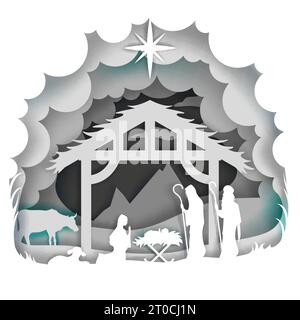 Baby Jesus in manger, born in Bethlehem, vector illustration in paper art modern craft style. Merry Christmas greeting card , poster design template. Stock Vector