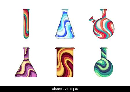 Layered paper cut style test tube and flask set, vector illustration isolated on white background. Chemical laboratory glassware, paper art modern cra Stock Vector