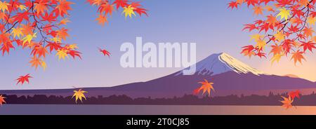 Yellow and orange maple leaves on the background of Mount Fuji. Autumn branches hang down from above. Vector horizontal format. Stock Vector