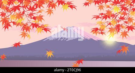 Autumn branches on the background of Mount Fuji. Mid-autumn is the time of leaf fall. The red leaves of the Japanese maple fall off, fluttering in the Stock Vector