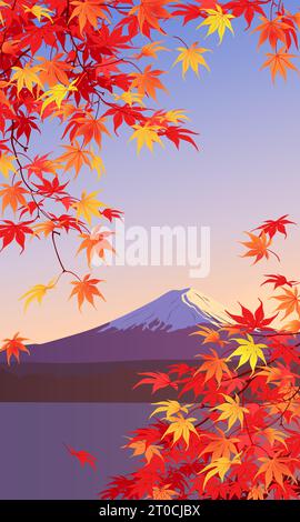 Yellow and orange maple leaves on the background of Mount Fuji. Autumn branches hang down from above. Vector vertical format. Stock Vector