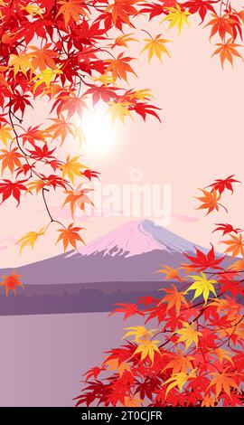 Yellow and orange maple leaves on the background of Mount Fuji. Autumn branches hang down from above. Vector vertical format. Stock Vector