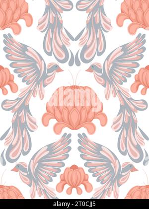 Seamless vector pattern with delicate stylized birds and lush peonies. Gentle texture in pastel colors on a white background. Delicate background Stock Vector