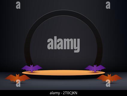 Halloween theme product display 3D black podium decoration with black circle and bat shape paper cut elements on dark wall background. Halloween conce Stock Vector