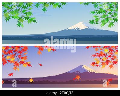 View of Mount Fuji. The change of seasons. Autumn branches with maple leaves. Cherry blossoms,. Khans. Winter night landscape. Summer lush greenery on Stock Vector