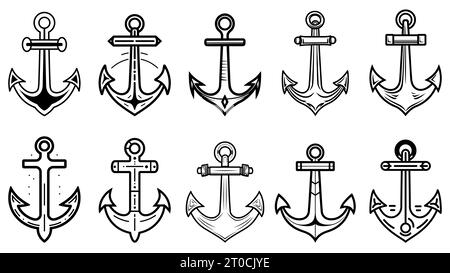 Anchor icon. Various shapes of anchors. Set of black anchor icons. Anchor silhouette. Vector illustration. Stock Vector