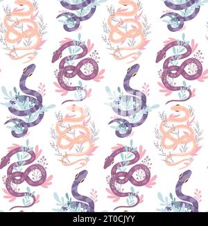Seamless vector pattern with violet snakes and stems on white background. Animalistic texture with curled serpents and herbs in pastel colors Stock Vector