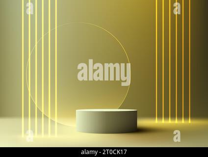 3D realistic modern style empty yellow color podium stand decoration with transparent glass circle and yellow neon laser lines background. Use for bea Stock Vector