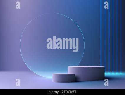 3D realistic modern style empty blue color podium stand decoration with transparent glass circle and blue neon laser lines background. Use for beauty Stock Vector