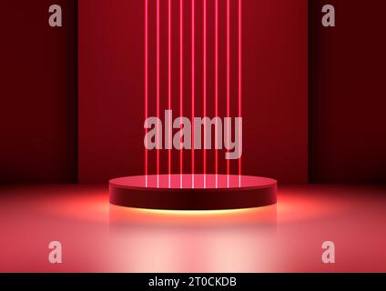 3D realistic empty red podium stand with red neon laser lines backdrop on dark red background modern technology style. Use for tech presentation, show Stock Vector