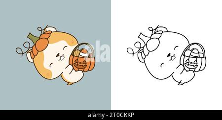 Set Clipart Halloween Hamster Coloring Page and Colored Illustration. Kawaii Halloween Animal. Stock Vector