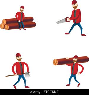 Lumberjack icons set cartoon vector. Man woodcutter while working. Logging industry Stock Vector
