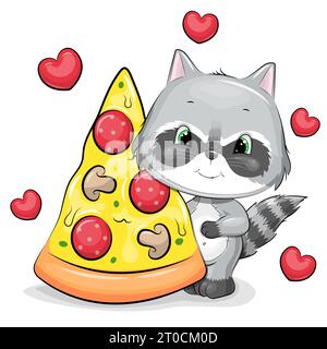 Cute cartoon raccoon with a big piece of pizza. Vector illustration of animal on a white background with red hearts. Stock Vector
