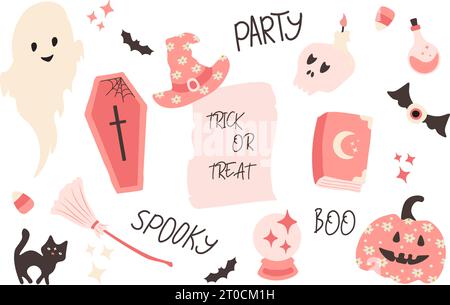 Halloween pink elements set. Cute decor of magical elements in a simple naive style.Vector illustration Stock Vector