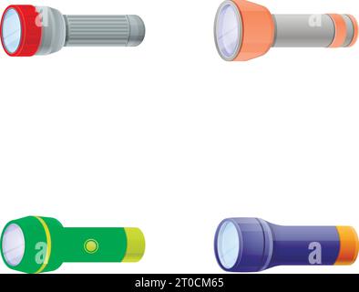 Flashlight icons set cartoon vector. Different pocket flashlight. Individual use light source Stock Vector