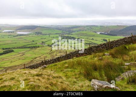 Pendle Hill Lancashire on foggy September day with views across east Lancashire,England,UK Stock Photo
