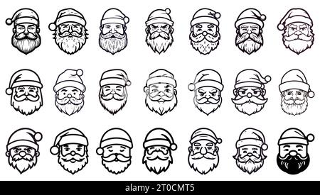 Santa Claus face with beard and mustache. Christmas icons set. Black drawing head of Santa in a hat. Vector illustration. Christmas icons set Stock Vector