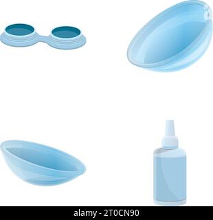 Eye lenses icons set cartoon vector. Contact lenses with packaging and liquid. Medicine, ophthalmology Stock Vector