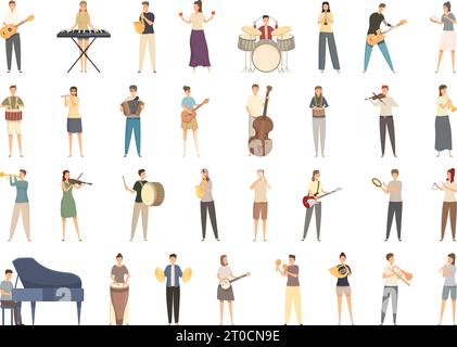 Playing an instrument icons set cartoon vector. Child music. Play student Stock Vector