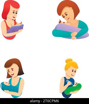 Motherhood icons set cartoon vector. Mother and newborn baby Maternity, parenthood, adoption Stock Vector