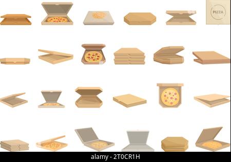 Cardboard pizza box icons set cartoon vector. Food package. Pack print Stock Vector