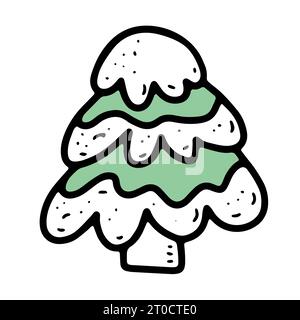 Vector cozy doodle tree illustration. Hand-drawn fir-tree on white background. Colored Scandinavian spruce with snow. Happy New Year, Merry Christmas Stock Vector