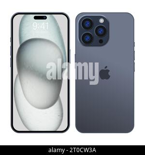 New iPhone 15 pro, pro max Deep gray blue or by Apple Inc. Mock-up screen iphone and back side iphone. High Quality. Official presentation. Editorial Stock Vector