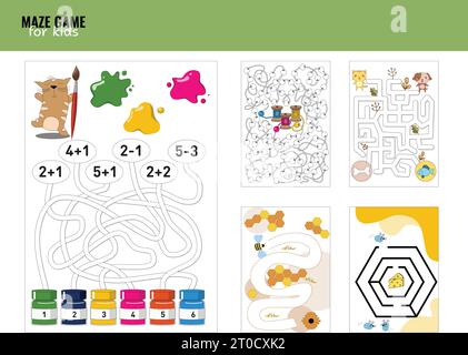 Children activities worksheet. Printable simple maze logic labyrinth for preschool. Logic tasks for children Stock Vector
