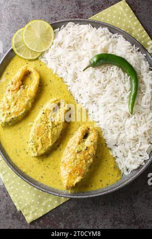 Traditional Mustard Fish Curry Shorshe Ilish or Hilsa closeup on the plate on the table. Vertical top view from above Stock Photo