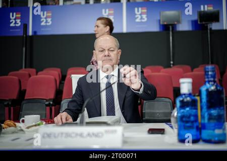 Granada, Spain. 06th Oct, 2023. Chancellor Olaf Scholz (SPD) attends the working session of the Informal EU Summit this morning. Credit: Kay Nietfeld/dpa/Alamy Live News Stock Photo