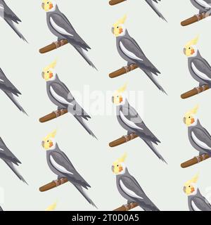 Seamless pattern with cartoon grey cockatiels sitting on branches. Flat little colorful exotic Australian parrots. Vector illustration with birds Stock Vector