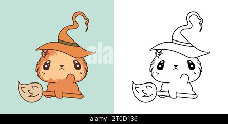 Kawaii Halloween Guinea Pig Clipart Multicolored and Black and White. Cute Kawaii Halloween Rodent. Stock Vector