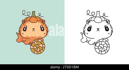 Set Clipart Halloween Guinea Pig Coloring Page and Colored Illustration. Kawaii Halloween Rodent. Stock Vector