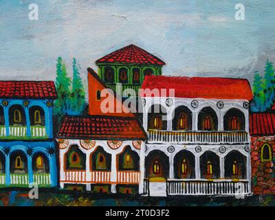 Painting of brightly-coloured houses, Tbilisi, Georgia. High quality photo Stock Photo