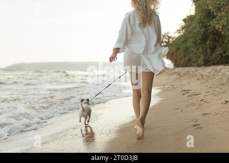 A beautiful young woman walks and plays with her Jack Russell terrier Stock Photo